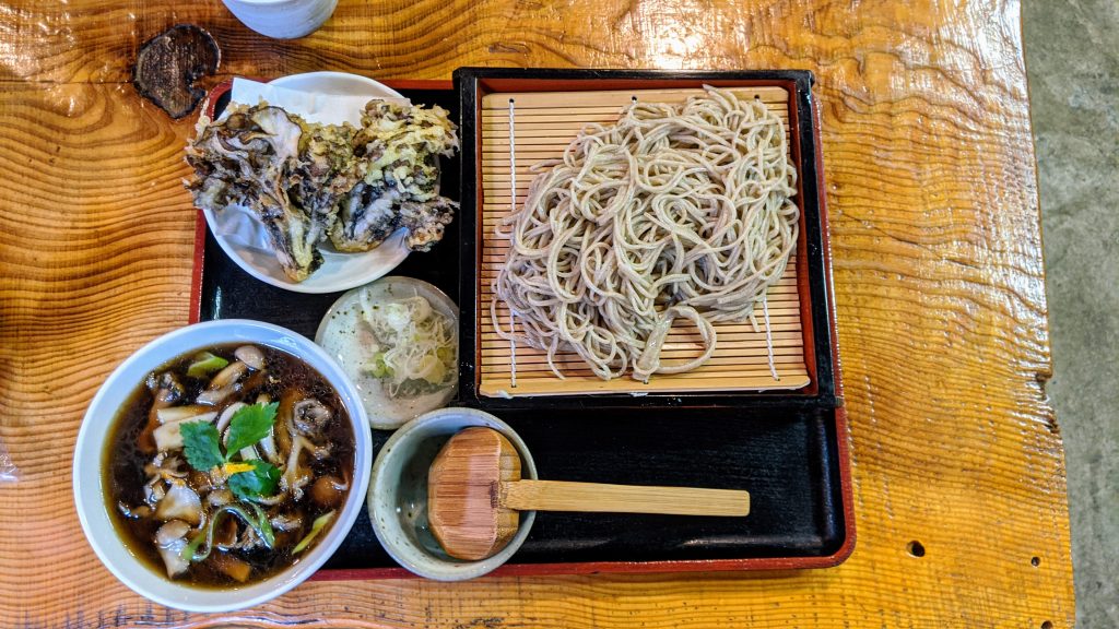 Maitake mushroom tempura sprawling in the upper left, and soba for those who prefer it over udon