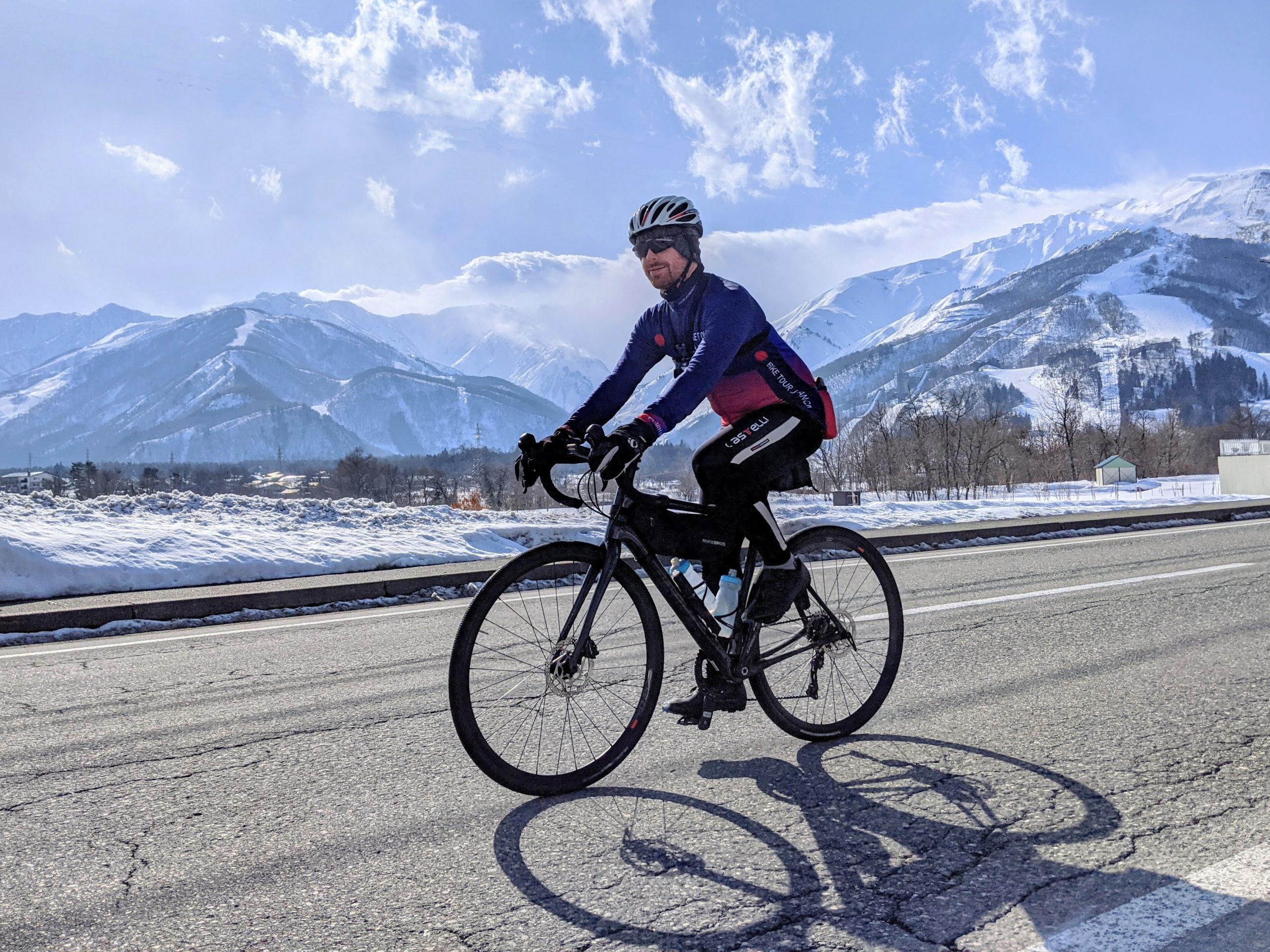 Cycling down the main street of Hakuba on a sunny but very chilly day.